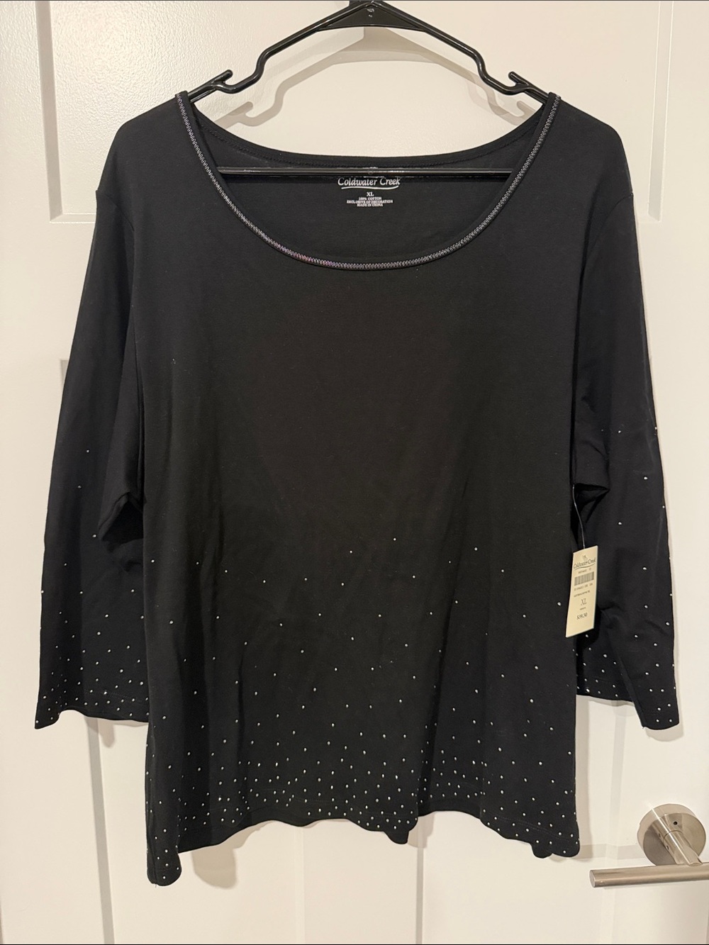 NWT Coldwater Creek Black Long-Sleeve Scoop Neck Top with Rhinestone Hem